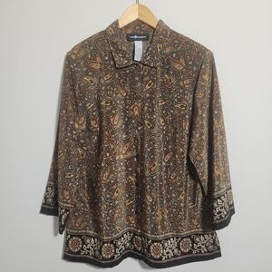 Sag Harbor Button Up Blouse Brown Paisley Border Print Padded Shoulder XL